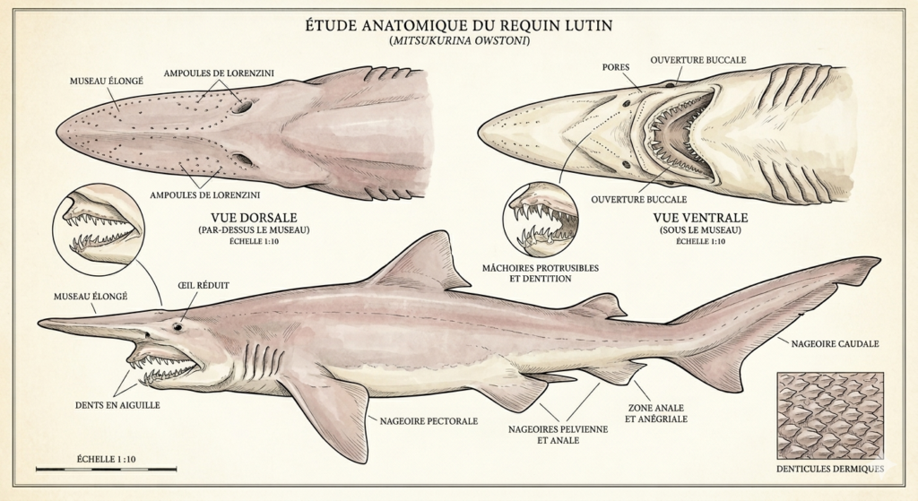 Dessin du requin lutin : vu de profil (tout le corps), d'en haut (par-dessus le museau) et d'en bas (sous le museau)